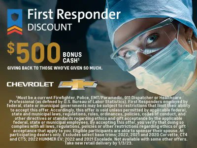 CenturyIIIChevy's tweet image. Century 3 Chevy is giving back to those who have given so much. For a limited time, first responders will receive $500 bonus cash on select vehicles! If you are a first responder, take advantage of this awesome deal! #FirstResponderDiscount #Chevy