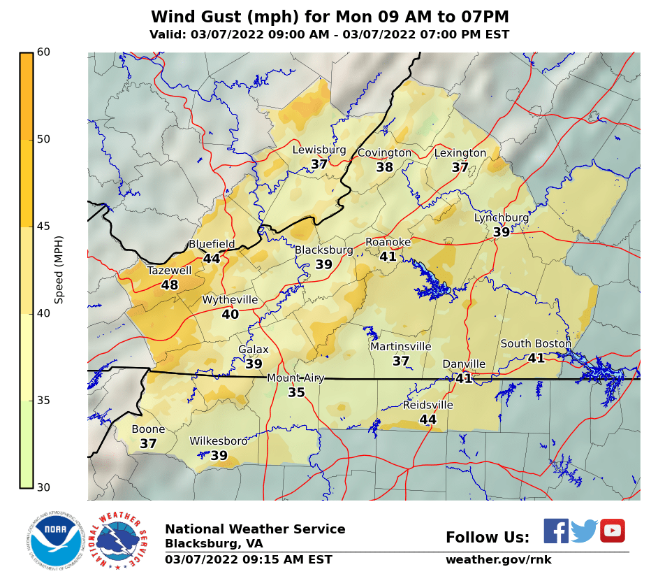 NWSBlacksburg's tweet photo. A wind advisory remains in effect until 9 pm this evening. A strong cold front will cross the Mid Atlantic region this afternoon into this evening. Scattered showers and a few thunderstorms will accompany the front. Some of the storms can contain gusty winds and heavy downpours. https://t.co/enGTElSfxn