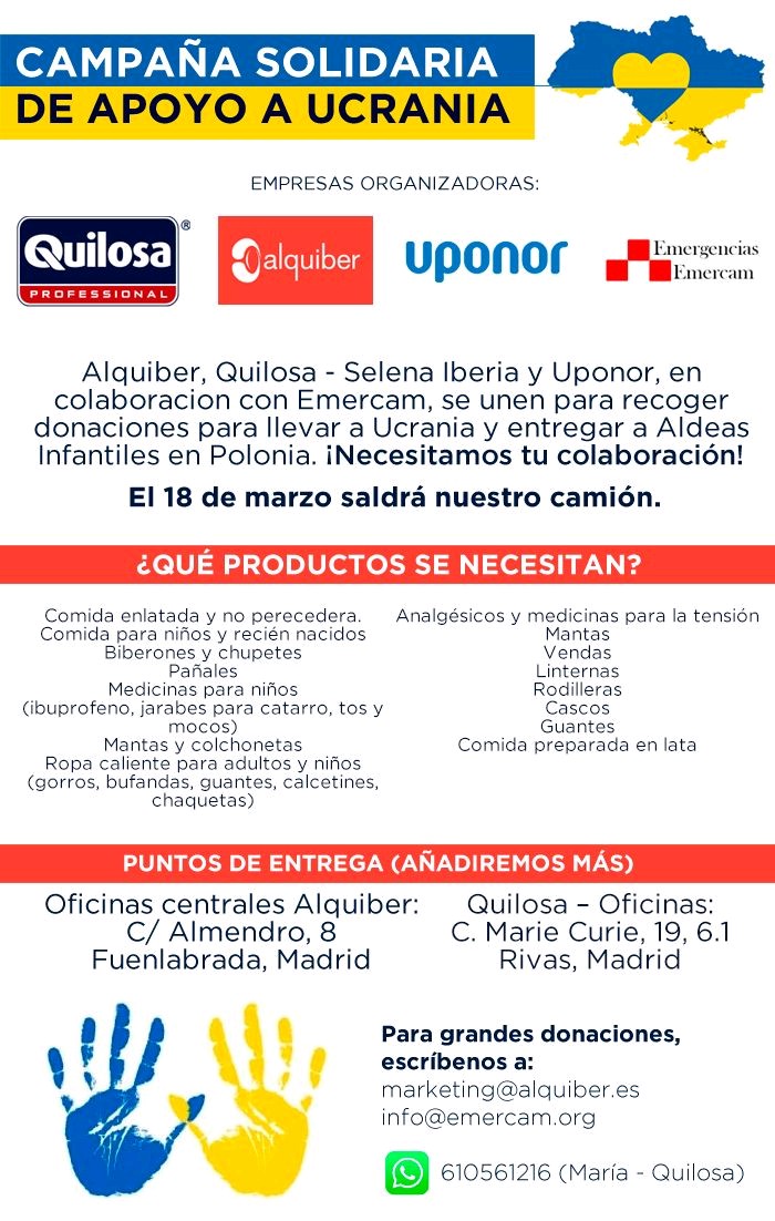 QUILOSA PROFESSIONAL (@quilosaslu) on Twitter photo Estamos preparando el envío de un camión con ayuda para #Ucrania y ¡te invitamos a participar! En colaboración con <a href="/AlquiberRenting/">Alquiber Renting</a> , <a href="/Uponor_ES/">Uponor Hispania</a> y <a href="/EEmercam/">Emergencias Emercam</a> vamos a recaudar el máximo de donaciones y hacerlas llegar a quién más lo necesita. ¡Contamos con tu apoyo! 💙💛 Estamos preparando el envío de un camión con ayuda para #Ucrania y ¡te invitamos a participar! En colaboración con <a href="/AlquiberRenting/">Alquiber Renting</a> , <a href="/Uponor_ES/">Uponor Hispania</a> y <a href="/EEmercam/">Emergencias Emercam</a> vamos a recaudar el máximo de donaciones y hacerlas llegar a quién más lo necesita. ¡Contamos con tu apoyo! 💙💛