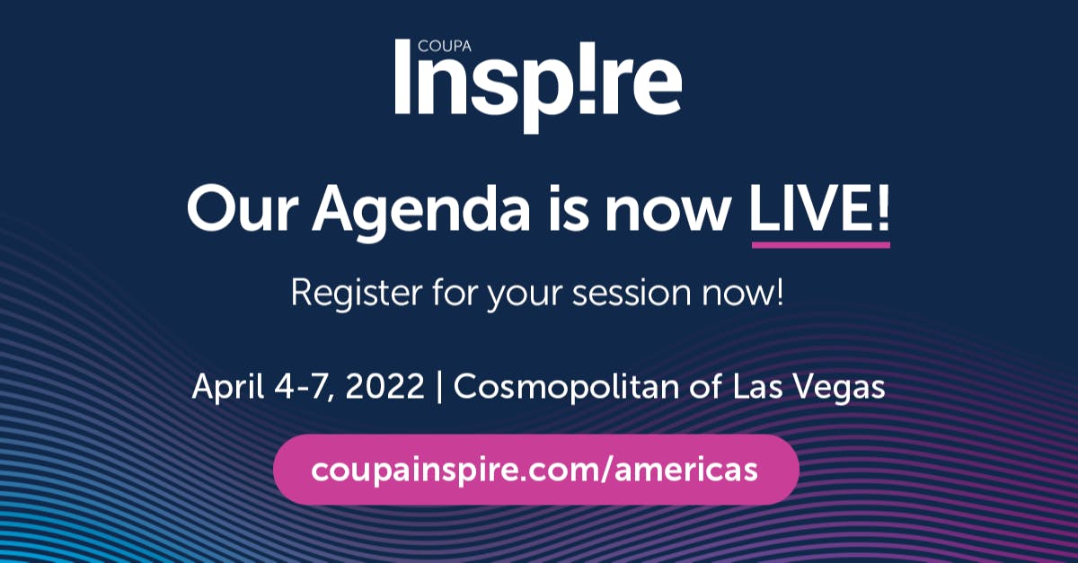 jannahickey's tweet photo. Our agenda is live! Check out the #CoupaInspire '22 power-packed sessions and register to secure your seat! Register here!
#PowerOfSpend @coupa https://t.co/t06hkBQ7gj https://t.co/wqndMJ6A5k