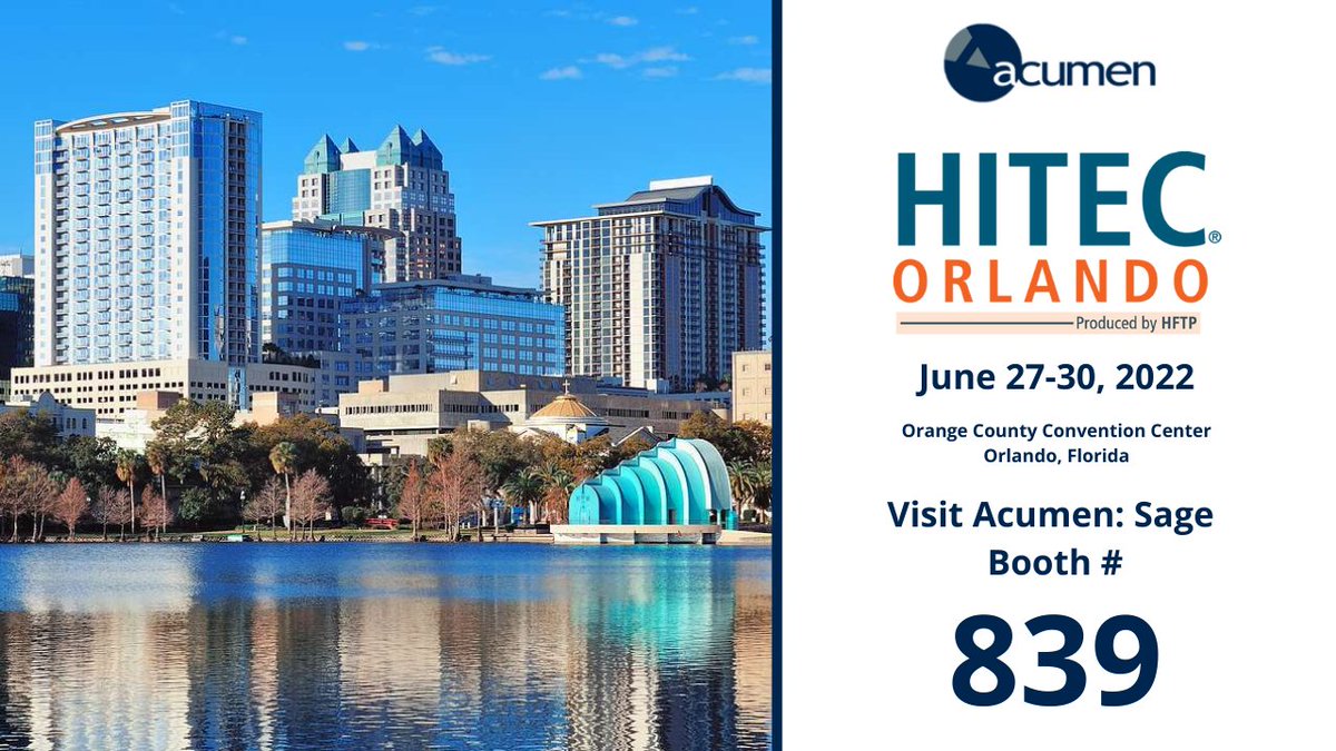 AcumenFL's tweet image. Acumen will be attending HITEC Orlando on June 27-30, 2022! HITEC is the world’s largest technology conference that allows attendees to see the latest products and solutions for the hospitality industry. Come visit us at booth #839!

@HFTP 

#HITEC2022 #SageIntacct #Sage300