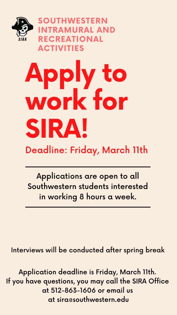 suintramural's tweet photo. We are hiring student workers for the 2022/23 academic school year. Complete and submit our application by Friday, March 11th.

Application Link: 
https://t.co/f1xPow8G5X

Call our office (512) 863-1606 or email us sira@southwestern.edu with any questions. https://t.co/f03GK8Kg1s