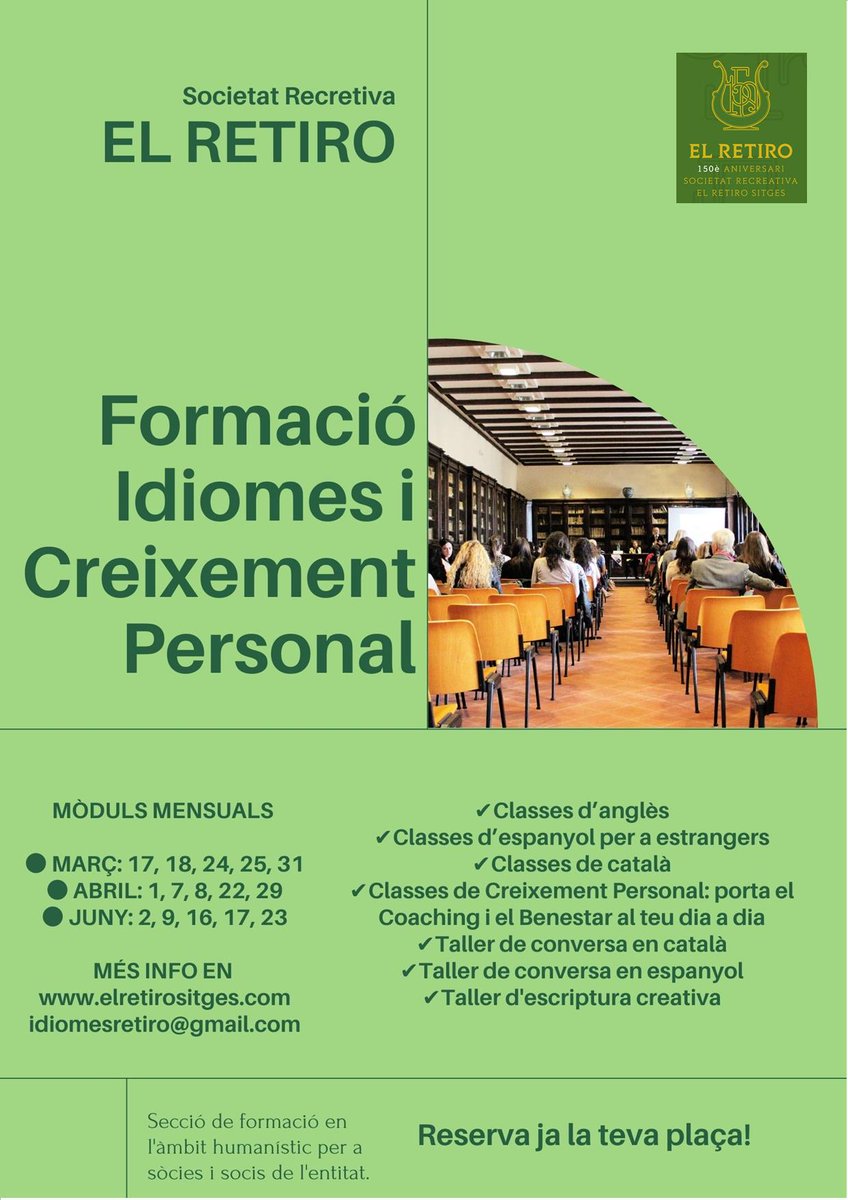elretirositges's tweet photo. Després de Carnaval, comencem una nova secció de formació, idiomes i creixement personal pels nostres socis. Per més informació i reserva de places 
https://t.co/6DeCiulgNs #ElRetiro #idiomes #anglès #català #formació #Benestar #Escriptura https://t.co/3qofW5eA8z