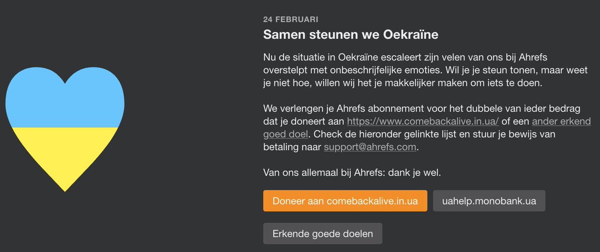 hatless's tweet photo. Samen steunen we Oekraïne 🇺🇦. 

Doneer via:
https://t.co/ZHDCZhSV7u
https://t.co/SnleGZ7ROH

@ahrefs @timsoulo our heart goes out to all Ukrainians and to everyone in your team. https://t.co/NfFWJCo9rH