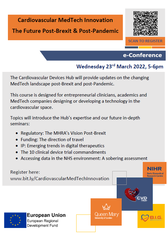 🌟Join us for the first of the CVDHub's free 'How-To' Series for MedTech Innovation🌟

What: Cardiovascular MedTech Innovation: The Future Post-Brexit &amp; Post-Pandemic
When: Wednesday 23rd March 2022, 5-6pm
Where: e-Conference, register here: bit.ly/Cardiovascular…