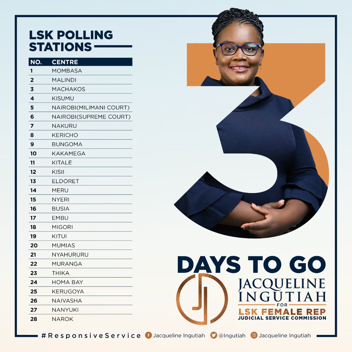 Ingutiah's tweet photo. We have 3 days to go to the LSK general elections. Thank you for all the support you have accorded me thus far. I am truly grateful. 

As we get to the final stretch, please make sure you confirm your voting station as we gear for Thursday 10th March 2022. 

#Jacque4JSC https://t.co/5AGIfzXGNB