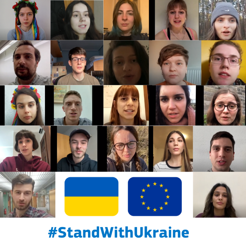 EuropeanYouthEU's tweet photo. Young people from all over Europe #StandWithUkraine. 

Listen to the accounts of these young Europeans that met last at the #Youth4Regions as they voice their support of their #Ukrainian friends. 

Young journalist from; 
🇪🇸 🇵🇱 🇫🇷 🇮🇪 🇧🇪 🇮🇹 🇱🇻 🇸🇪 🇵🇹 🇳🇱 🇨🇿 🇪🇬 

❤️🇺🇦