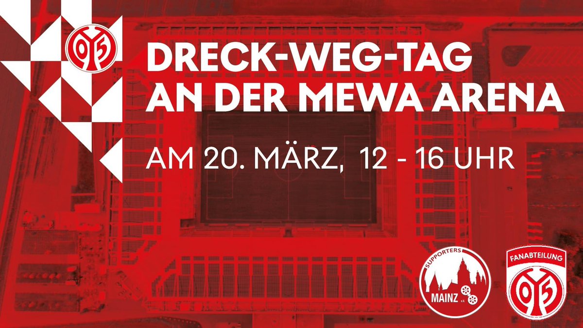 SupportersMainz's tweet photo. Gemeinsam mit der AG Identifikation der Fanabteilung des @1fsvmainz05 richten wir am 20.03 den Dreck-Weg-Tag aus. Helft mit das Gelände rund um unser Stadion wieder sauber zu machen. Anmeldung erfolgt über uns oder die Fanabteilung #dreckweg #geneinsamsaubermachen #reinemachen https://t.co/P4lMmdQ6mW