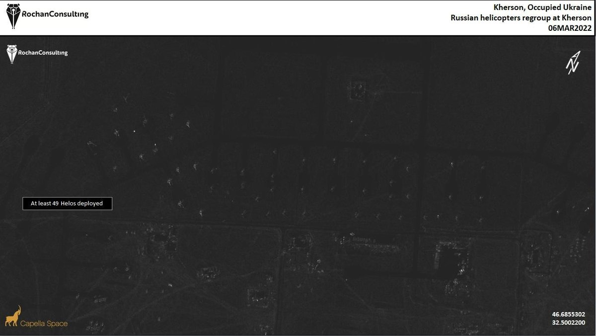 Ukrainian General Staff informed today that a naval infantry unit conducted a night operation that destroyed some 30 helicopters at Kherson Airbase.
Below is <a href="/capellaspace/">Capella</a>  SAR imagery collected 1026Z / 1227L 6MAR22 showing at least 49 helicopters deployed at the airbase.
