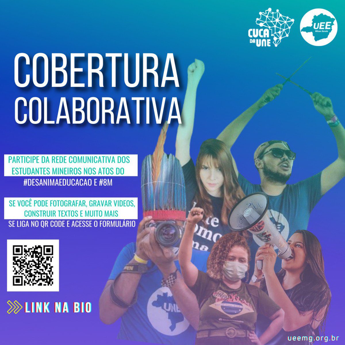 UEEMG's tweet photo. Já ouviu falar na Cobertura Colaborativa? 👀✨

Nessa semana, teremos diversos atos em várias cidades e universidades do nosso estado e você que faz fotos, vídeos, textos e/ou usa as redes sociais, pode ser a peça chave para a nossa Comunicação.  + https://t.co/VIzr5VZE3N