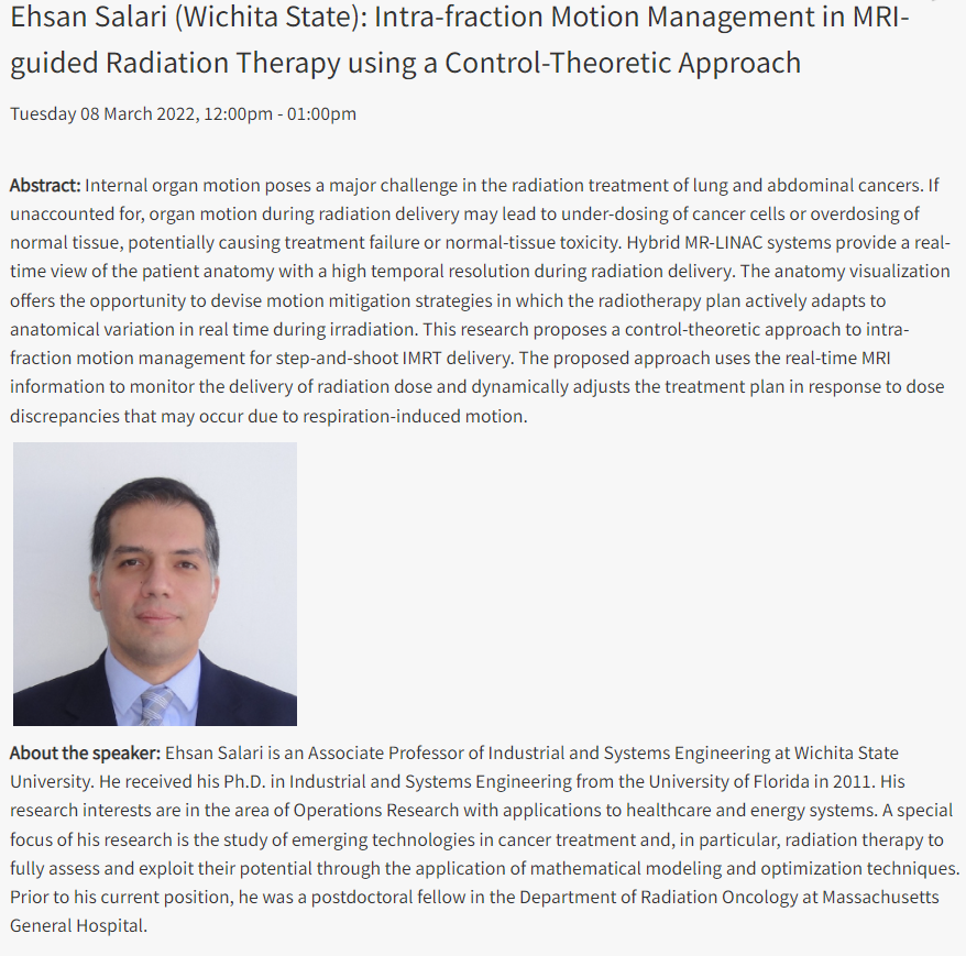 AliAjdari8's tweet photo. Very excited to announce our next #PhysicsSeminar speaker: Ehsan Salari (Wichita State), on "MR-Linac Motion Management using Control Theory".
Time: Tues, Mar 8, 12-1pm (EST).
Register at https://t.co/R5oKHKQnBq
#radbio #medphys
@MGHCancerCenter https://t.co/1co9uULlFz