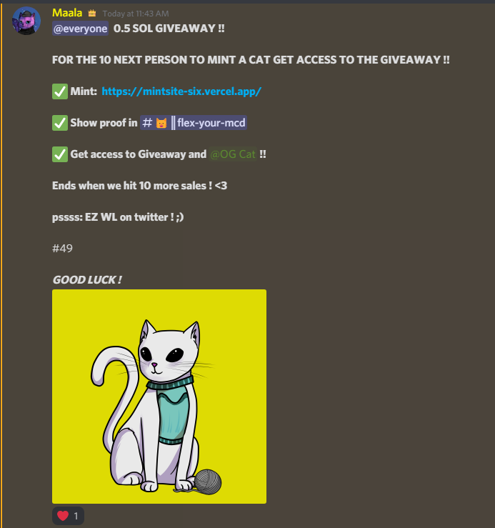 0.5 SOL GIVEAWAY ON DISCORD !! 
LFG

Mint:  mintsite-six.vercel.app 
Discord: discord.io/MyCatDoodle 

#NFTGiveaways #NFT #Solana #SolanaNFTs #NFTCommumity