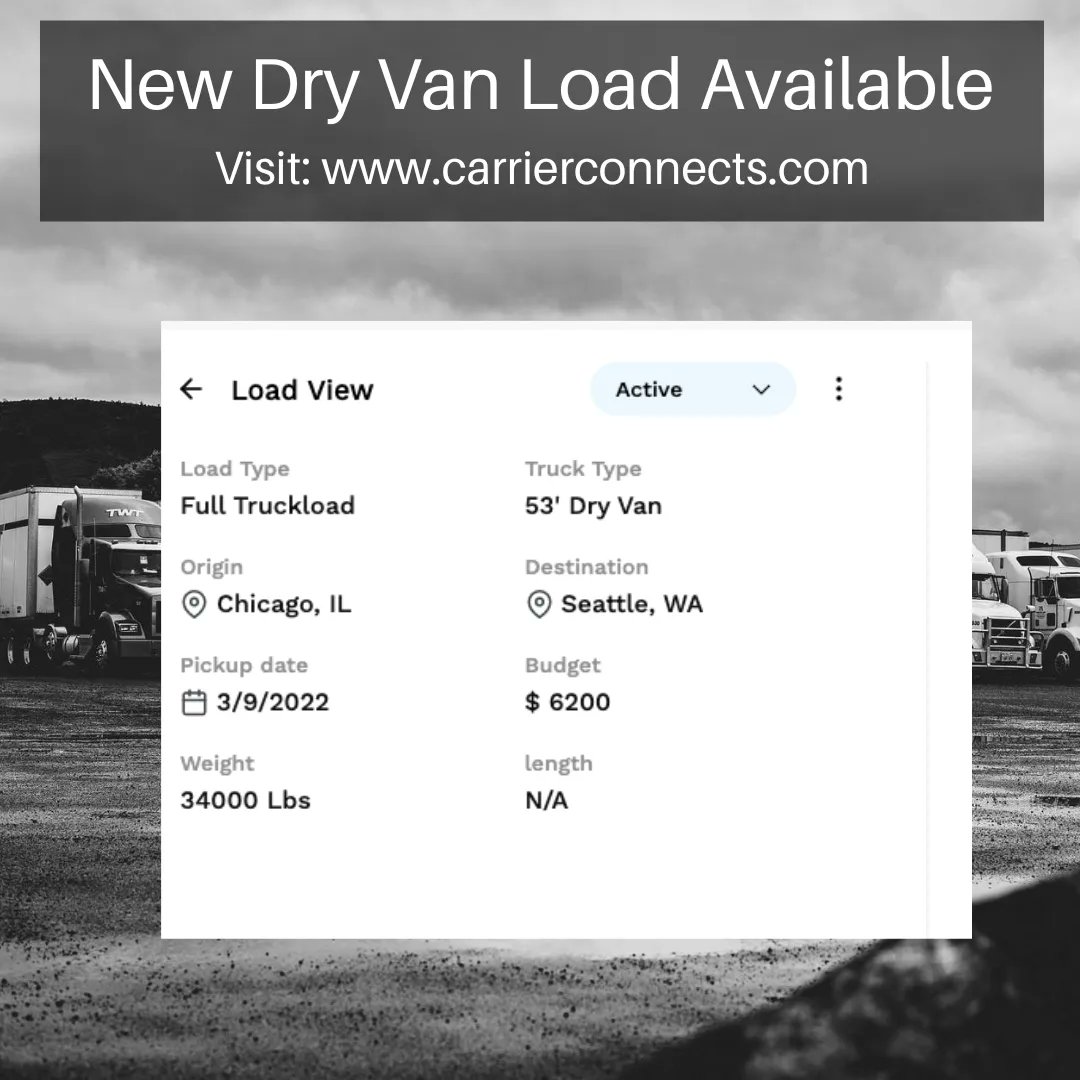 Urgent Quote Request
Truck Type: 53' Dry Van
Pick Up Date: 3/9/2022
Destination: Seattle, WA
For more info: buff.ly/35ZsHsJ #logistics #transport #transportation #shipping #trucking #supplychain #freight #cargo #logisticscompany #delivery #truck #carrierconnects