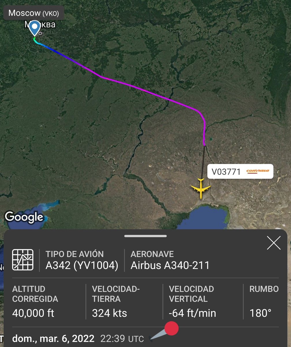 Arr3ch0's tweet photo. El #YV1004 que salió la noche del Viernes a Moscú 🇷🇺 vía Tehran 🇮🇷 (escala muy rápida en Iran) ya se encuentra en ruta de retorno a #Venezuela, nuevamente vía Teherán. 24hrs duró la visita a Rusia.
Sobrevolando Europa sin problema ya que la UE 🇪🇺 no sanciona a Conviasa - todavía. https://t.co/e7hYA1zLZH