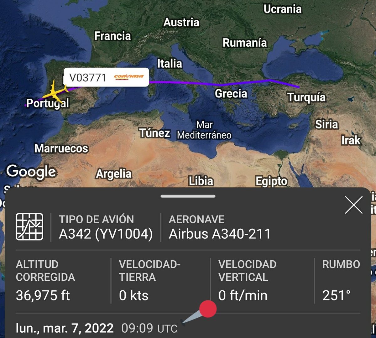 Arr3ch0's tweet photo. El #YV1004 que salió la noche del Viernes a Moscú 🇷🇺 vía Tehran 🇮🇷 (escala muy rápida en Iran) ya se encuentra en ruta de retorno a #Venezuela, nuevamente vía Teherán. 24hrs duró la visita a Rusia.
Sobrevolando Europa sin problema ya que la UE 🇪🇺 no sanciona a Conviasa - todavía. https://t.co/e7hYA1zLZH
