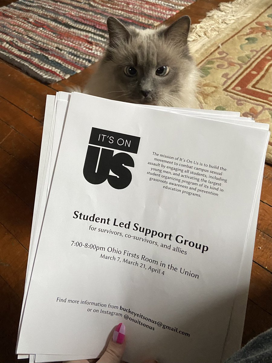 ItsOnUs_OSU's tweet photo. Come hang with us tonight in the Ohio Firsts room of the union from 7-8 PM! We’re excited to have a safe space to recharge in before rallying through to spring break! 🤸🏽‍♂️💙🤍 #ItsOnUs ~ this message endorsed by my cat Sage https://t.co/EKb1NkFvDl