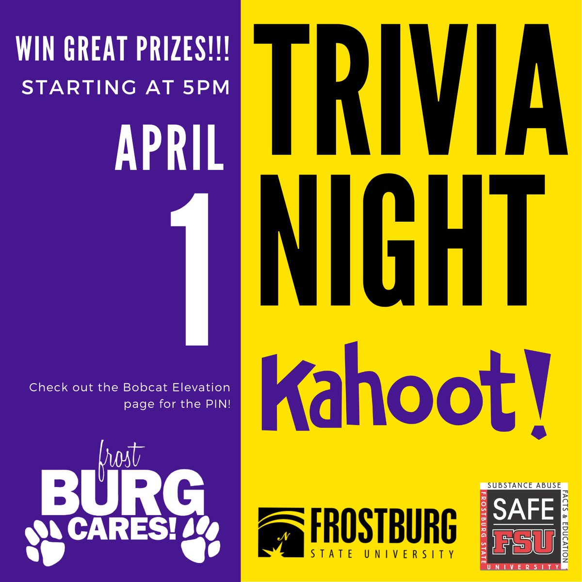 FSU_SAFE_Office's tweet photo. Kahoot! next Monday, April 1, at 5PM.
Look for the game PIN on our Bobcat Elevation Page on Canvas!! https://t.co/ebgAKqPDP5