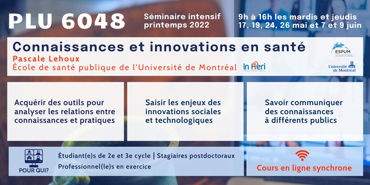 Hinnovic | In Fieri (@hinnovic) on Twitter photo 🗓️ C'est le temps de penser au printemps! Le transfert de connaissances + innovations sociales et technologiques en santé vous intéressent? Ce cours intensif donné par <a href="/PLehouxUM/">Pascale Lehoux</a> est pour vous! Ouvert aux étudiants de toutes les disciplines, 2e et 3e cycle. <a href="/ESPUM_UdeM/">École de santé publique de l'UdeM</a> <a href="/UMontreal/">Université de Montréal</a> 🗓️ C'est le temps de penser au printemps! Le transfert de connaissances + innovations sociales et technologiques en santé vous intéressent? Ce cours intensif donné par <a href="/PLehouxUM/">Pascale Lehoux</a> est pour vous! Ouvert aux étudiants de toutes les disciplines, 2e et 3e cycle. <a href="/ESPUM_UdeM/">École de santé publique de l'UdeM</a> <a href="/UMontreal/">Université de Montréal</a>