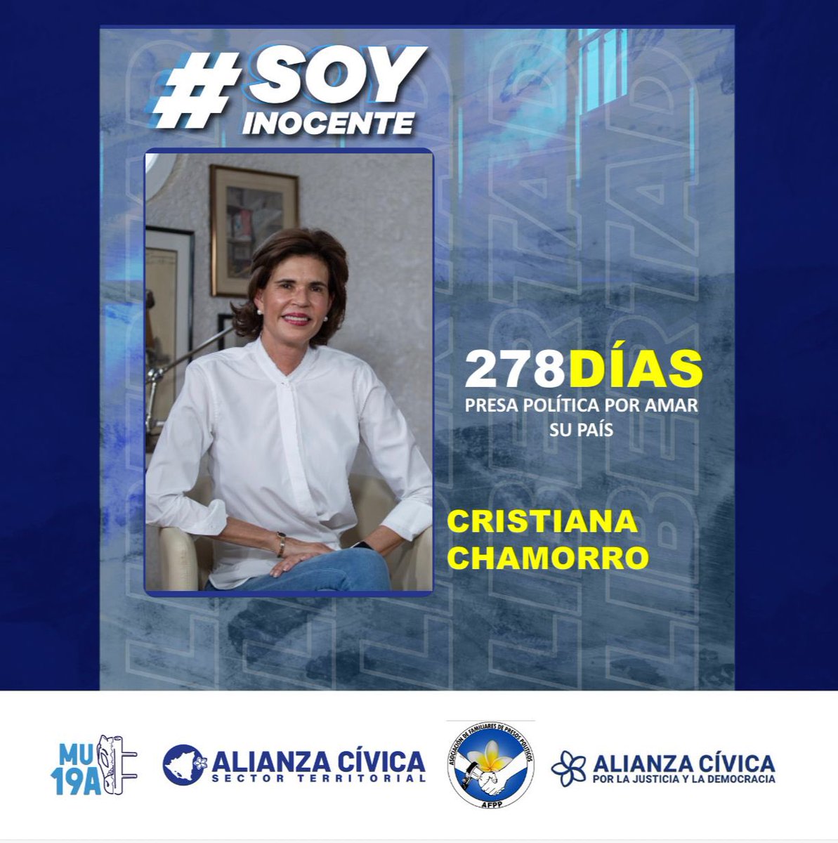 TerritoriosACJD's tweet photo. *#SOYINOCENTE* Desde el Movimiento Universitario 19 de abril, Alianza Cívica Sector Territorial y la Asociación de Familiares de presos políticos demandamos la liberación de Cristiana Chamorro, presa política de la dictadura. ¡Es inocente https://t.co/SDQgaLRBmN