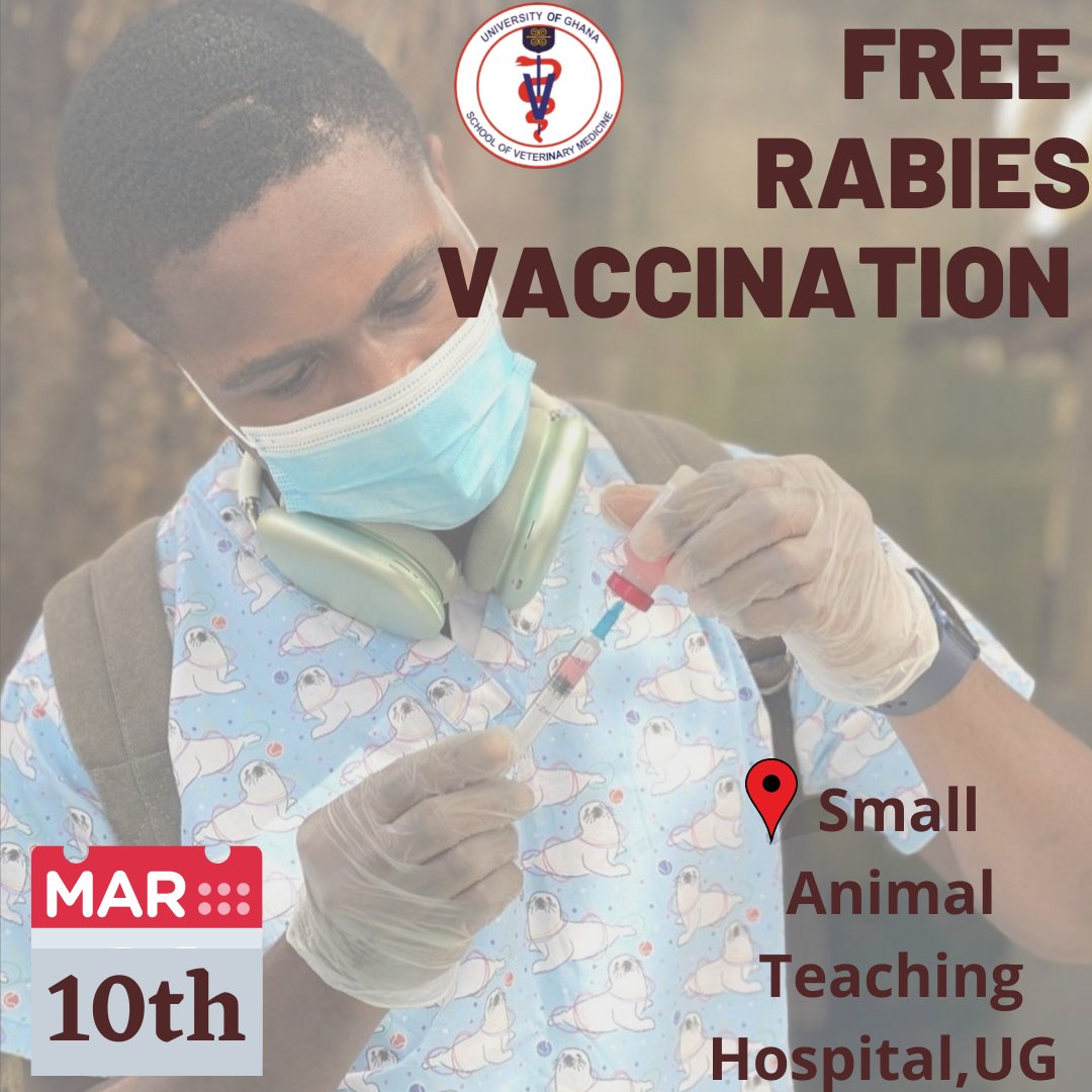 UG_GVMSA's tweet photo. You don't want to miss this opportunity...

Bring all dogs, cats and monkeys... unvacinated or needing a re-vaccination.

Don't forget to come along with your pet books if you have one.

Let's kick rabies out of Ghana.

#rabies #endrabies #vetschool #dogs #cats #monkeys https://t.co/yRQdIEx0g5