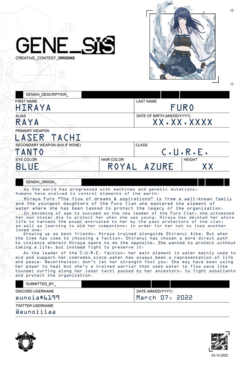 eunoiiiaa's tweet photo. Hiraya Furo “The flow of dreams &amp; aspirations” 
A healer and a warrior from the C.U.R.E faction (Classified Unit: Rehabilitation Efficiency) 

Discord: eunoia#6199
@GENESIS_SENSHI @GHARLIERA1 
#GENE_SIS https://t.co/9oB3ngF70m