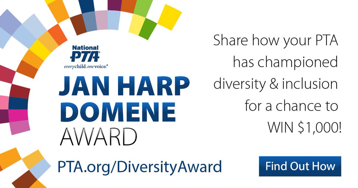 National PTA is now accepting applications for the 2022 Jan Harp Domene Diversity and Inclusion Award. Learn more and apply today at PTA.org/DiversityAward