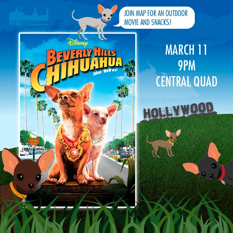 Miami MAP (@miami_map) on Twitter photo OUTDOOR MOVIES ARE BACK!!! πΏπ₯β¨ Come see Beverly Hills Chihuahua this FRIDAY in Central Quad! You and your friends can have a super fun night with the puppies of Paws with a Cause πΆβ€οΈ OUTDOOR MOVIES ARE BACK!!! πΏπ₯β¨ Come see Beverly Hills Chihuahua this FRIDAY in Central Quad! You and your friends can have a super fun night with the puppies of Paws with a Cause πΆβ€οΈ