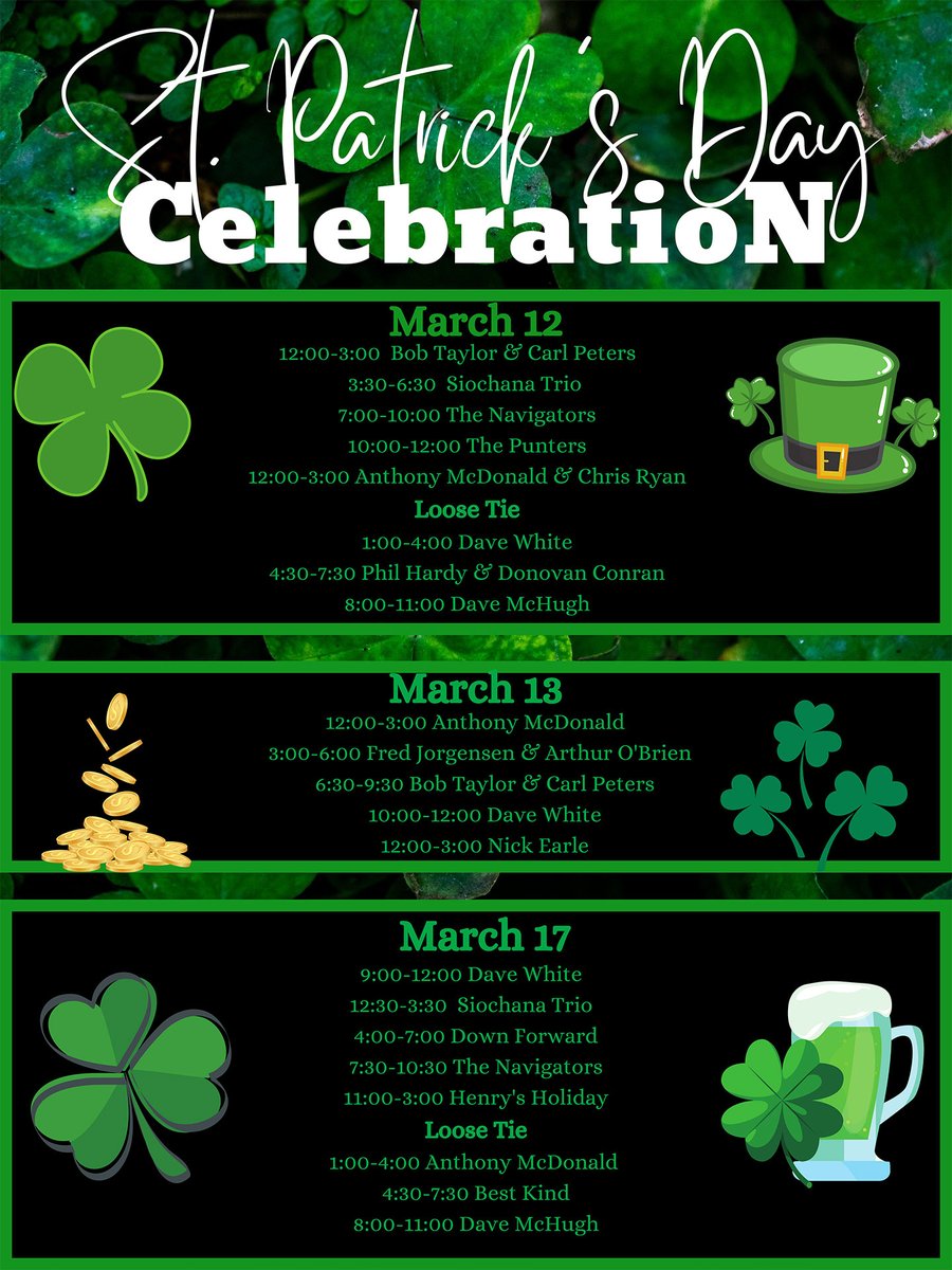 St. Patrick's @ Green Sleeves!

Featuring: The Navigators, Fred Jorgensen &amp; Arthur O'Brien, Siochana, The Punters, Dave White, Down Forward, Henry's Holiday, Anthony McDonald, Dave McHugh, Best Kind, Bob Taylor &amp; Carl Peters, and more!

Full schedule: greensleevespub.ca