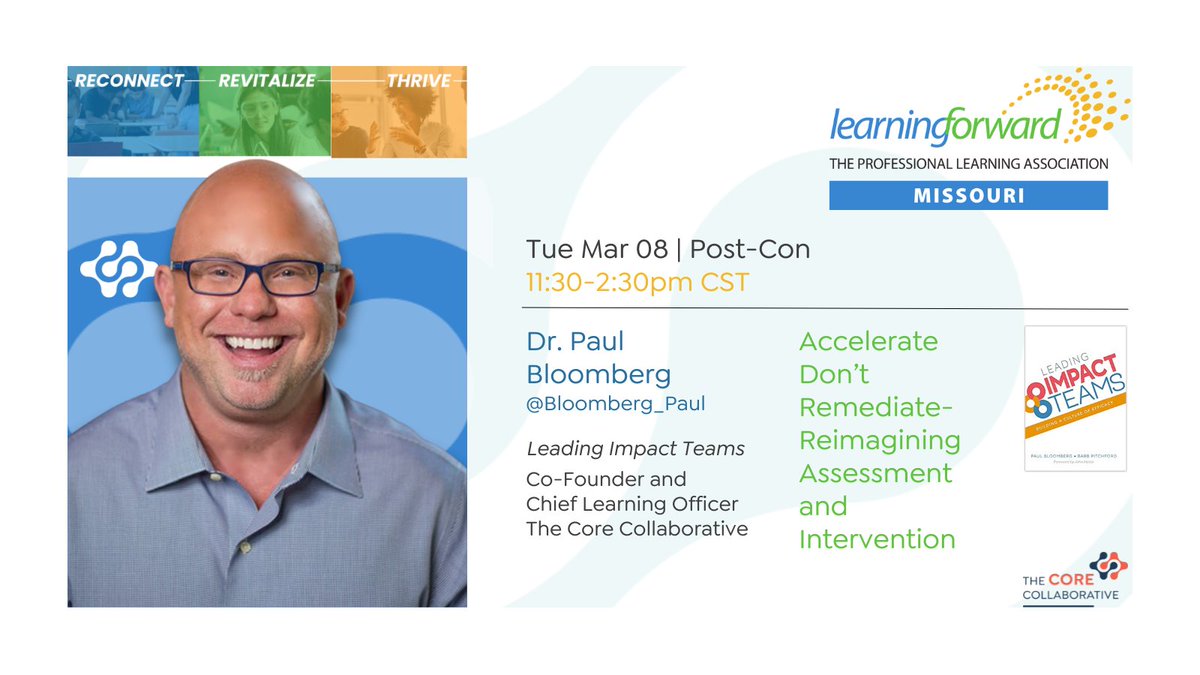 TheSocialCore's tweet photo. #ShowMe2022 | One Hour until the dynamic @LrnFwdMO post-con featuring co-author of the bestseller #LeadingImpactTeams and Co-Founder of @TheSocialCore – @bloomberg_paul. #MTSS
Tue Mar 08 | 11:30am CST
Accelerate Don't Remediate - Reimagine Assessment and Intervention https://t.co/g4PFNvpmGa
