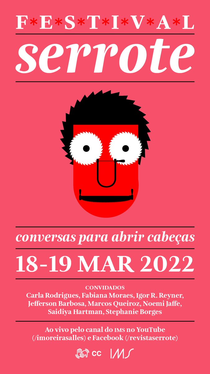 revista_serrote's tweet photo. Vem aí o Festival Serrote 2022! 

Com Saidiya Hartman, @stephieborges, @fabi2moraes, @marcosvlqueiroz, @JeffersonBarbRJ, @noemijaffe, Igor R. Reyner e Carla Rodrigues

18 e 19 de março, ao vivo nos canais do IMS

Saiba tudo sobre as mesas: https://t.co/67B1xUqNUy https://t.co/d9YV0Khciv