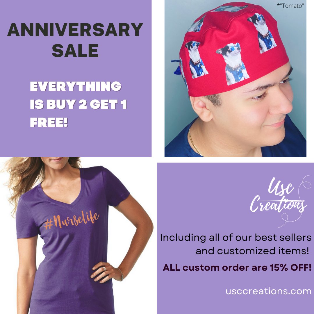 USCcreations's tweet photo. 🤩Our anniversary sale has been extended
✨Our entire online shop is buy 2 items and get the 3rd item FREE!✨
💜Mix and match! Scrub hats, apparel &amp; more included!!!💜
👍No coupon code needed, discount automatically applied at checkout! As easy as just adding 3 items in your cart https://t.co/KcqCmmtrAb