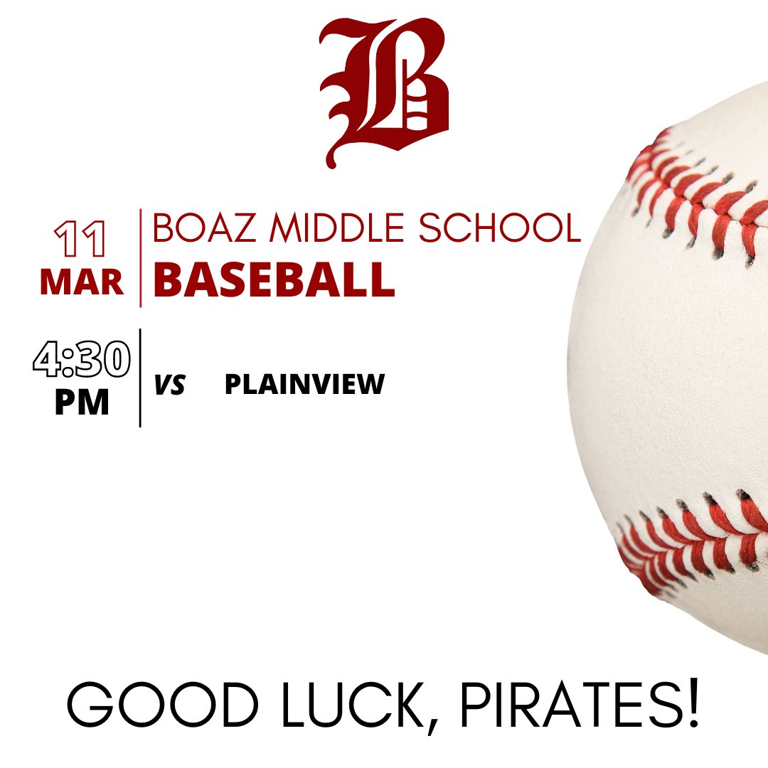 BoazSchools's tweet photo. Good luck, Boaz Middle School Baseball!  #WeAreBoaz #BeatPlainview #BoazAthletics #SailsUp https://t.co/PrcKmU3jnq