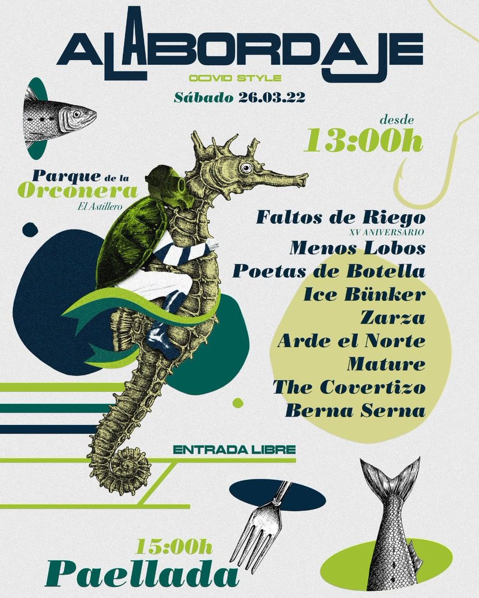 ⚡️ ALABORDAJE FEST 2022

- Faltos de Riego (<a href="/FaltosdeRiego/">Faltos de Riego</a>)
- Menos Lobos (<a href="/MenosLobos_/">Menos Lobos</a>)
- Poetas de Botella (<a href="/pdbrock/">Poetas de Botella</a>)
- Ice Bünker
- Zarza 
- Arde el Norte 
- Mature Rock (<a href="/MatureLaredo/">MatureRock</a>)
- Covertizo
- Berna Serna 

🗺 PARQUE DE LA ORCONERA
🎟 GRATUITO