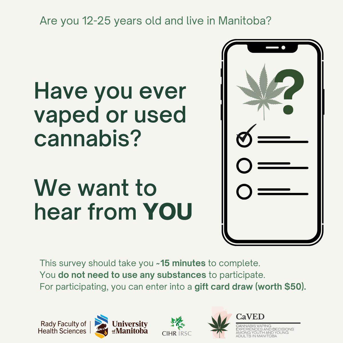 CavedStudy's tweet photo. Calling all youth and young adults in Manitoba aged 12-25 year olds

We want to hear from you 💬
Complete the CaVED survey! 

🔗 Link to the survey here:
https://t.co/4HlnfOTUkD https://t.co/wGMMCxIh2a