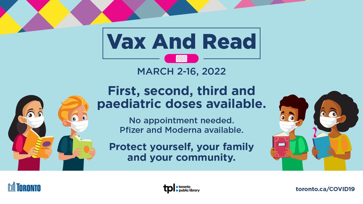 cityoftoronto's tweet photo. 📣Calling all bookworms📚#VaxAndRead continues this week! Today, #TeamToronto will be @torontolibrary’s Cedarbrae and Malvern branches, 11:30am to 6pm. 
✅Pfizer &amp; Moderna avail
✅1st, 2nd, 3rd &amp; child doses
✅ Walk-ins only
For other locations &amp; hours: https://t.co/dAtPYsK40v https://t.co/8FPe9dXDXj