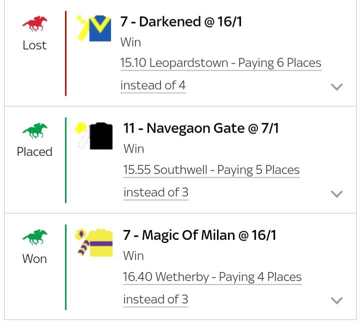 ExtraPlacePunts's tweet image. No joy on the big price double (didn't help that one was a NR!). 

Treble selections fared better but no cigar. 16/1 well backed winner for anyone who picked up the singles.