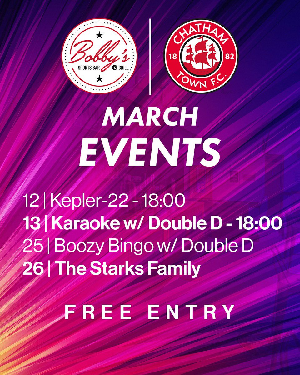 BobbysSportsBar's tweet photo. This March we have live music and more in store for you all ๐ธ๐ค๐น๐ง #Beer ๐บ #livemusickent #Boozybingo #karaoke @ChathamTownFC https://t.co/ph2KRUnrHJ