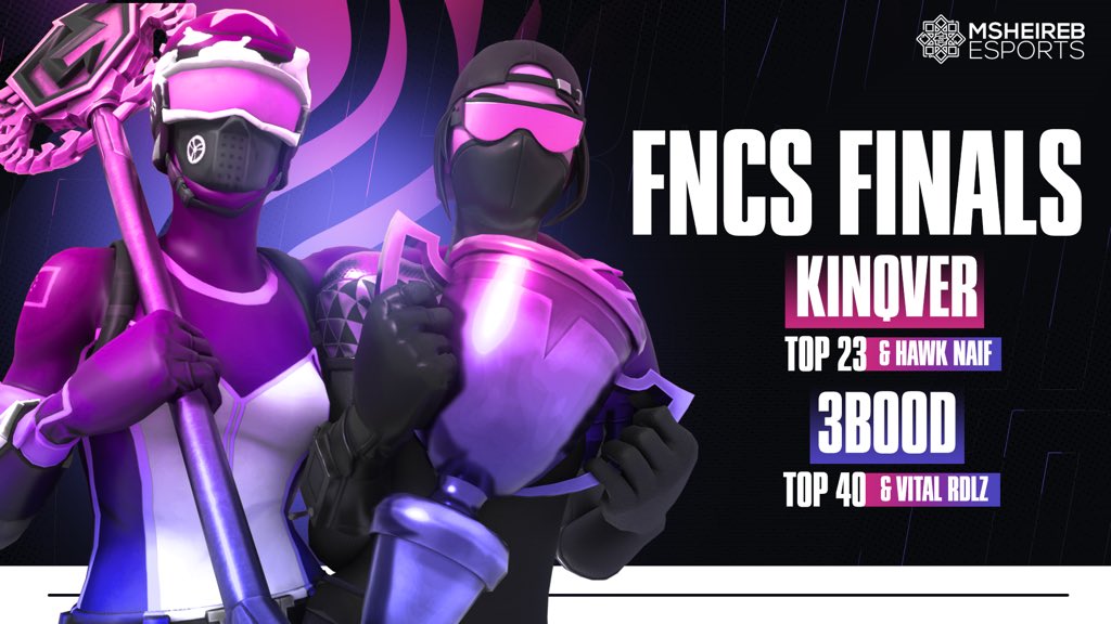 MsheirebE's tweet photo. حقق لاعبينا 
•
@kinqver  المركز 23 
@3buoud المركز 40 
•
في بطولة الـ FNCS Finals ! 
نشكر جهودهم ونتمنى لهم كل التوفيق 💜
#MSHES https://t.co/6EBifQNjmJ