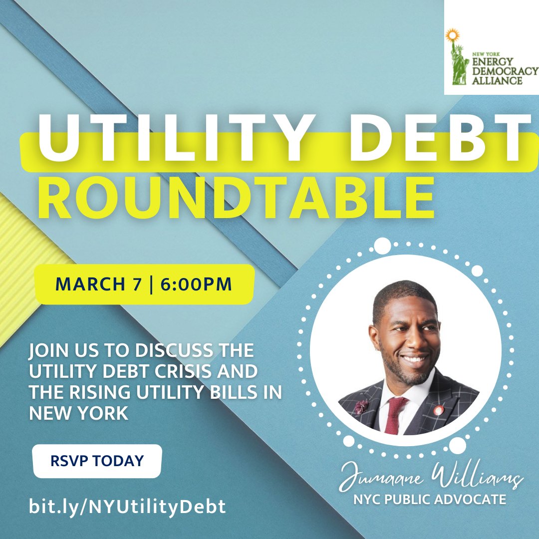 weact4ej's tweet photo. TONIGHT: Join us on Monday, March 7 at 6 PM for the @NYenergydem’s #UtilityDebt Roundtable with @agreenewyork, @saneenergy, & @nycpa. Hear testimony & talk about how we can cancel utility debt in New York State. RSVP: https://t.co/arL7TBgp12 https://t.co/0o3SuyKSEO