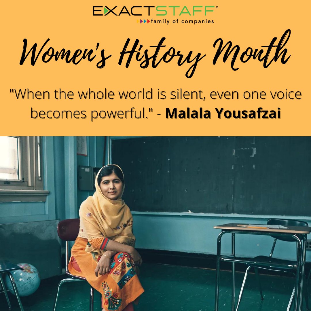 ExactStaff1's tweet photo. Happy Monday! We continue highlighting Women in History! 

Malala Yousafzai is known for human rights advocacy, especially the education of women and children in Pakistan. She is also the world's youngest Nobel Prize laureate.

#womenshistorymonth #womeninhistory #exactstaff https://t.co/9is4LmWSB5
