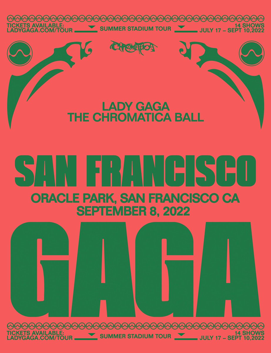 We are ecstatic to announce that pop icon and legendary artist, <a href="/ladygaga/">Lady Gaga</a>, is coming back to <a href="/OracleParkSF/">Oracle Park</a> this fall for the first time since 2017 to perform The Chromatica Ball stadium tour on September 8, 2022.

Tickets go on sale starting Monday, March 14th, 2022. 

#ladygaga