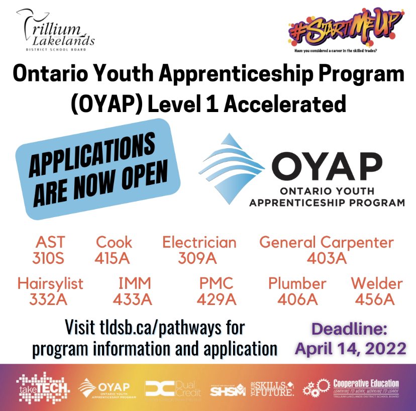 Applications for OYAP Level 1 Accelerated Program are available at TLDSB.ca/pathways/.
#OYAP allows HS students to get a head start on their #appprenticeship in the #skilledtrades. 
Connect with your co-op teacher for support!
@oyap_tldsb #StartMeUp