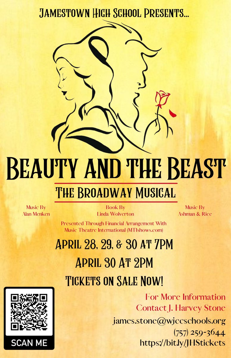 It’s WJCC musical season!!!! Tale As Old As Time…Jamestown Theatre will proudly present Beauty and the Beast in April!! Tickets are available at bit.ly/JHStickets Please join us and “Be Our Guest!” @JHSPrin_WJCC @jamestownptsa @JamestownHigh @WJCCSchools