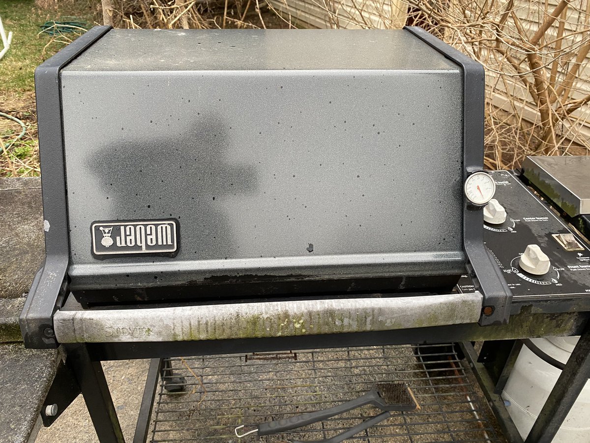 pg294's tweet photo. My first “big” purchase for my new house was a @WeberGrills Genesis Silver C. I was so mad when I pulled it out the box and found the logo installed upside down. 20 years later it’s grown on me! Cleaned it up, new flavorizer bars, ready for another year! https://t.co/Up4JaQyaRa