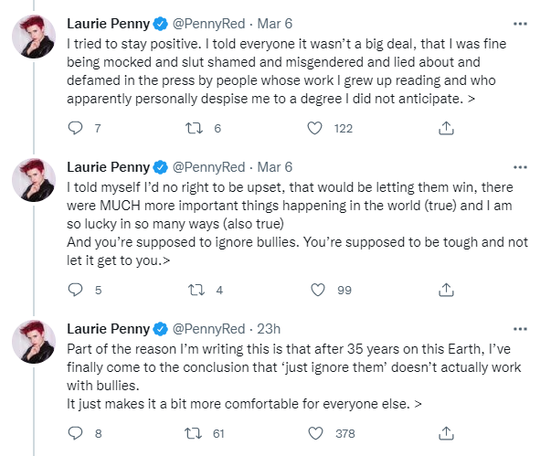 The tweet in question appears to be an attempt to mock the mental health of feminist writer Laurie Penny, who recently revealed that she had experienced CPTSD after undergoing an extensive harassment campaign following the publication of her trans-positive book.