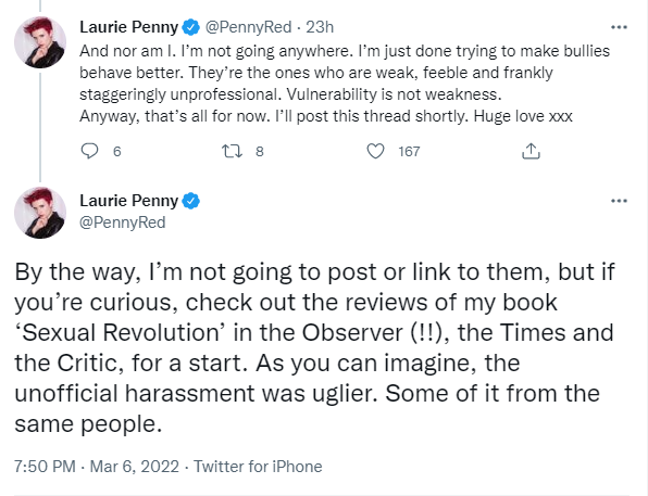 The tweet in question appears to be an attempt to mock the mental health of feminist writer Laurie Penny, who recently revealed that she had experienced CPTSD after undergoing an extensive harassment campaign following the publication of her trans-positive book.