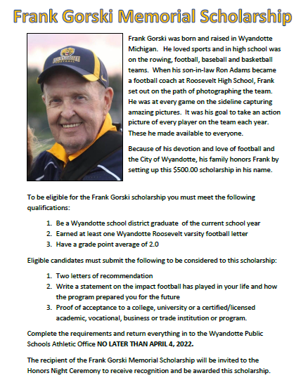 WYBEARSFOOTBALL's tweet photo. #WyandotteFootball Please see the attachments for the 2022 Memorial Scholarships that are available for this year. This is for graduating seniors only. Follow the directions and make sure all applications are submitted by the April 4, 2022 deadline. Thank You &amp; Good Luck! #BFL https://t.co/khT2HoowtX