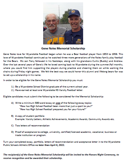 WYBEARSFOOTBALL's tweet photo. #WyandotteFootball Please see the attachments for the 2022 Memorial Scholarships that are available for this year. This is for graduating seniors only. Follow the directions and make sure all applications are submitted by the April 4, 2022 deadline. Thank You &amp; Good Luck! #BFL https://t.co/khT2HoowtX
