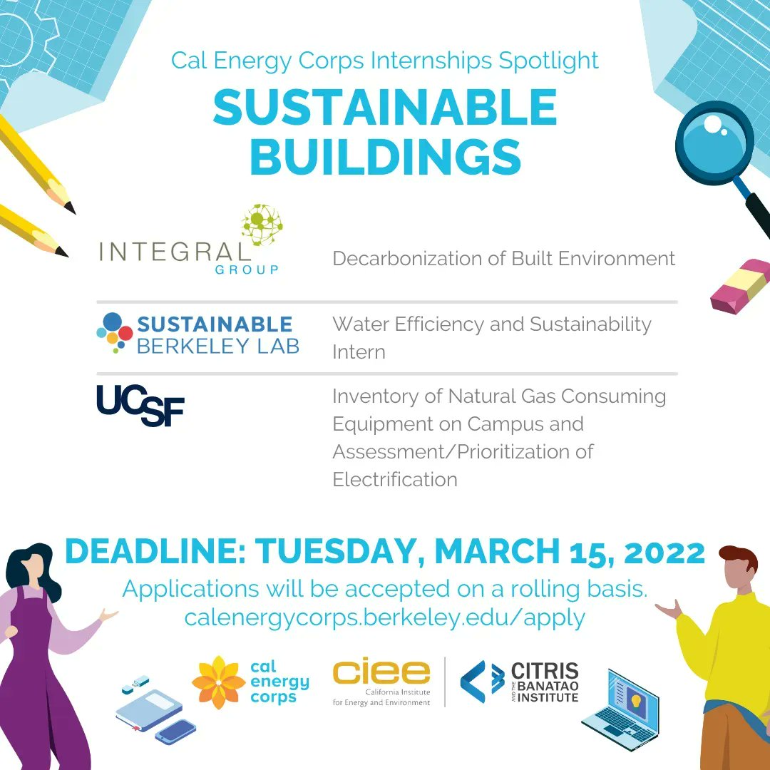 📢 @UCBerkeley undergrads: looking for an #internship in #sustainablebuildings? 🏢

The Cal Energy Corps is offering placements at @DeepGreenEng, @BerkeleyLab & @UCSF!

👉 Apply: calenergycorps.berkeley.edu/apply   
👉 Mailing list: bit.ly/calecsubscribe