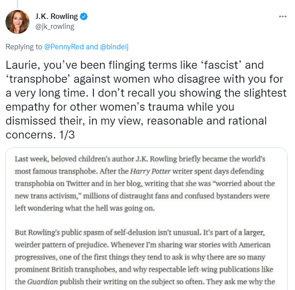 It's genuinely hard to find words for this.Rowling's position appears to be that victims of discrimination, bullying, and harassment must show "empathy" to people who are angry that trans folk are allowed to use the toilets they want, or mocking their mental health is fine.